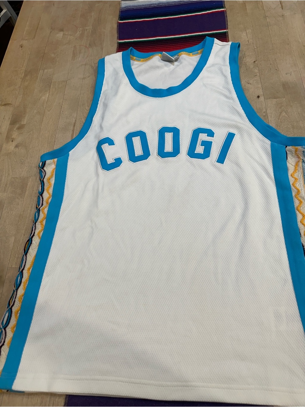 COOGI White & Turquoise Mesh Jersey with Woven Side Trim